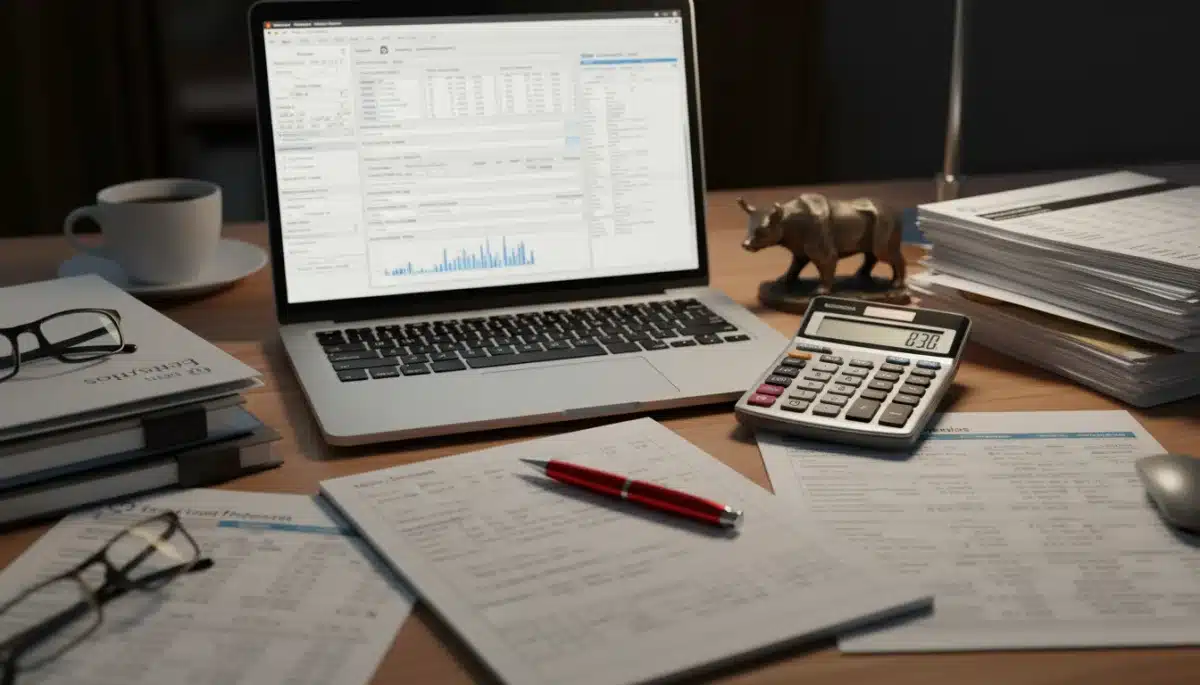 Financial planner analyzing tax documents and software for capital gains optimization
