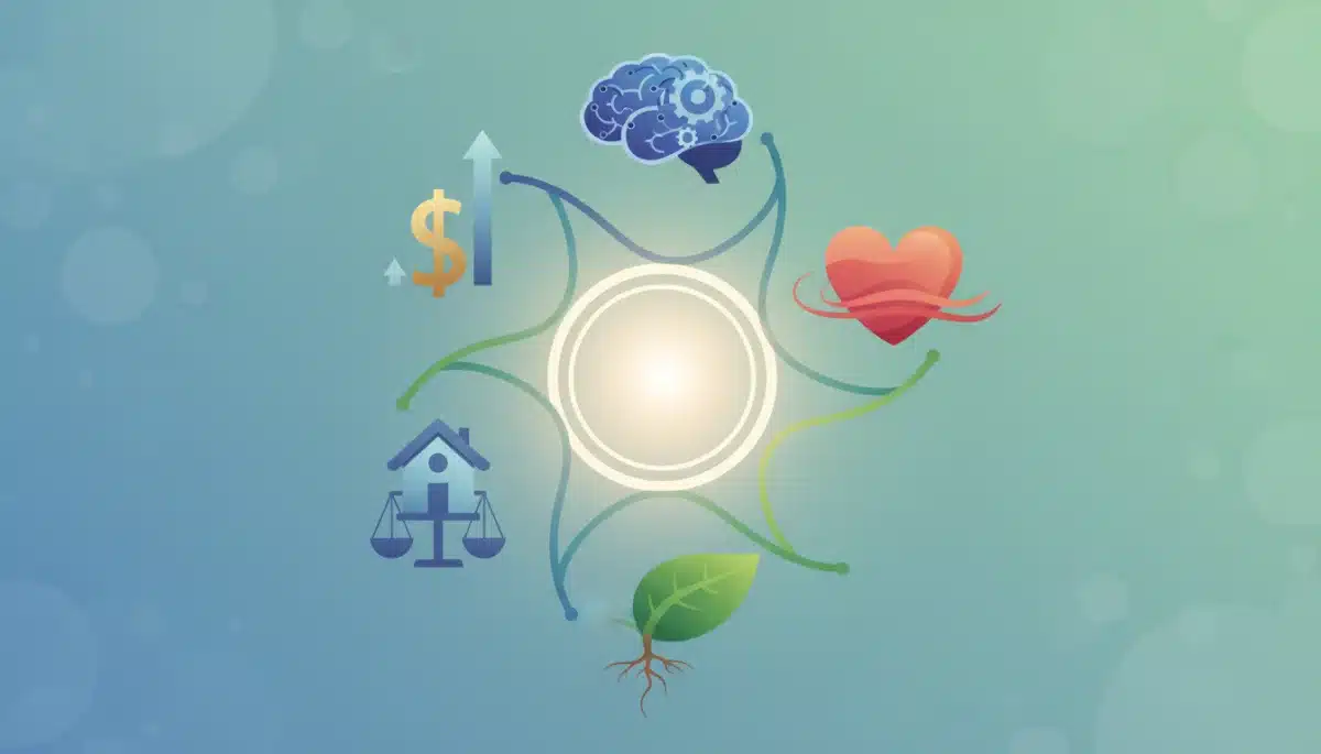 Illustration of holistic employee well-being elements: mental, emotional, financial, and work-life balance.
