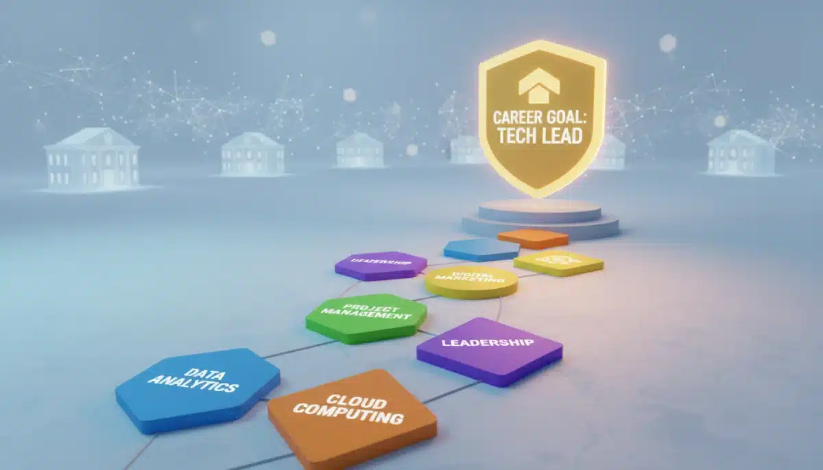 Learning pathway with colorful micro-credential badges