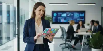 Professional woman with micro-credential badges on tablet
