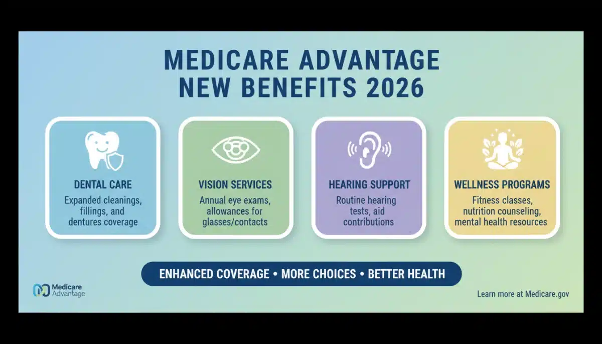 Infographic detailing new Medicare Advantage benefits for 2026, including dental, vision, and wellness.