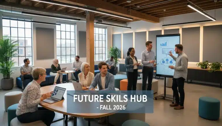 Adults learning together in a modern classroom, showcasing career change and skill development.