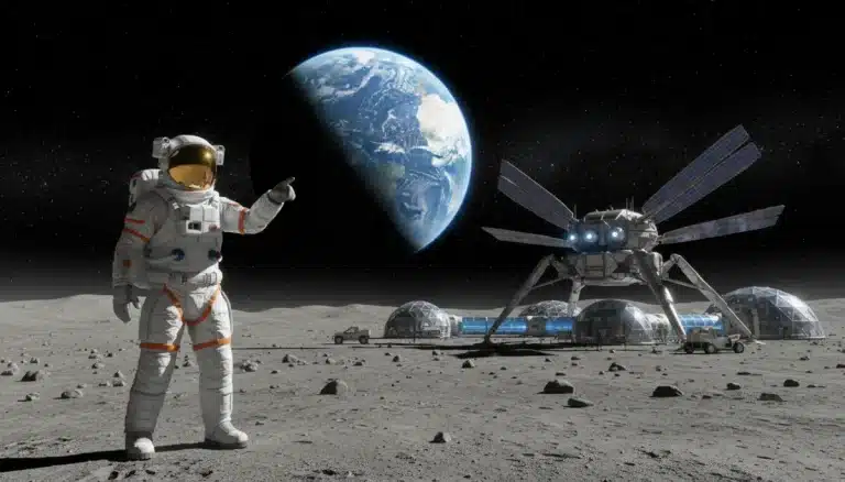 Astronaut on Moon with Earth in background, symbolizing future lunar missions.