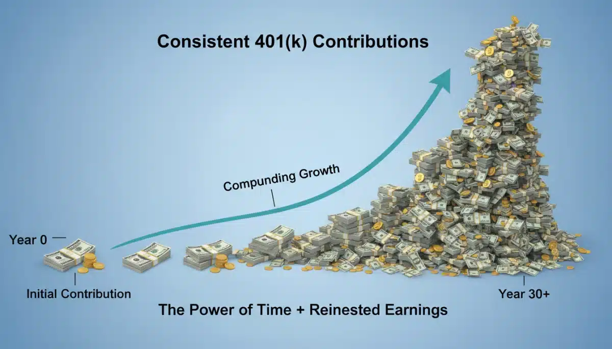 Compounding growth of 401(k) investments over time