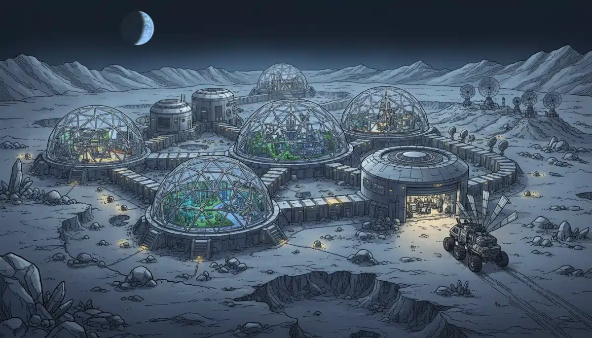 Illustration of a futuristic lunar base and rover, showcasing advanced moon habitats.
