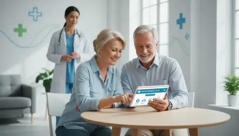 Senior couple reviewing Medicare Advantage plan details on a tablet for 2026 benefits.