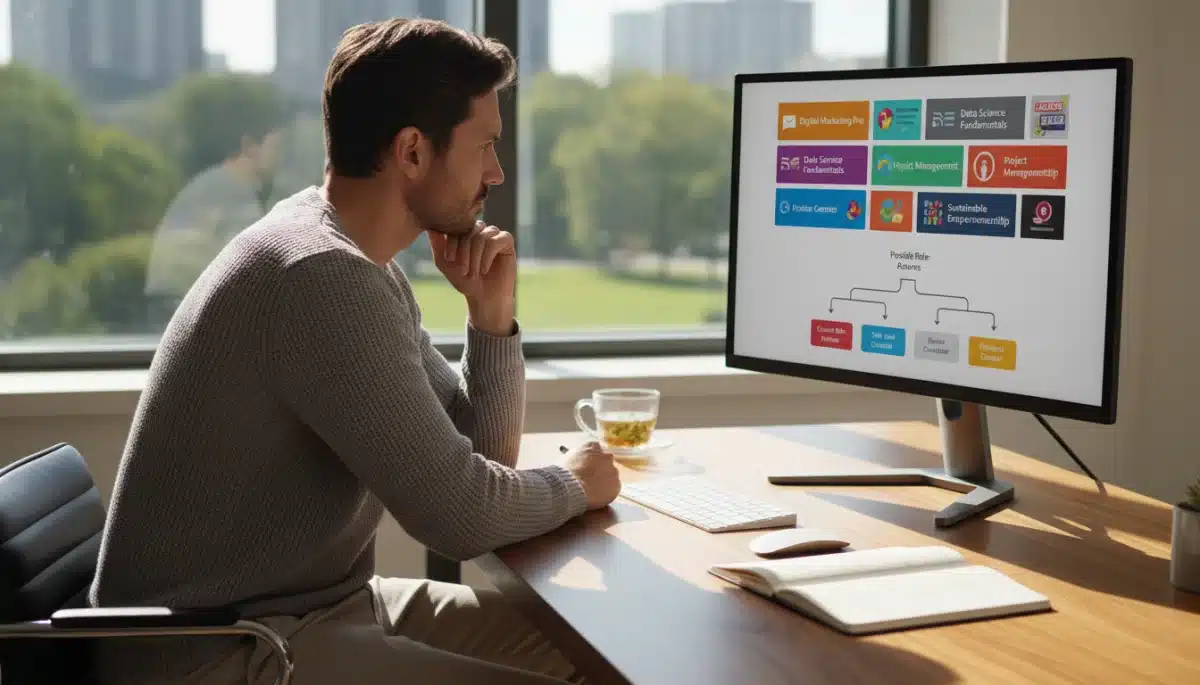 Individual exploring online course options for career change.