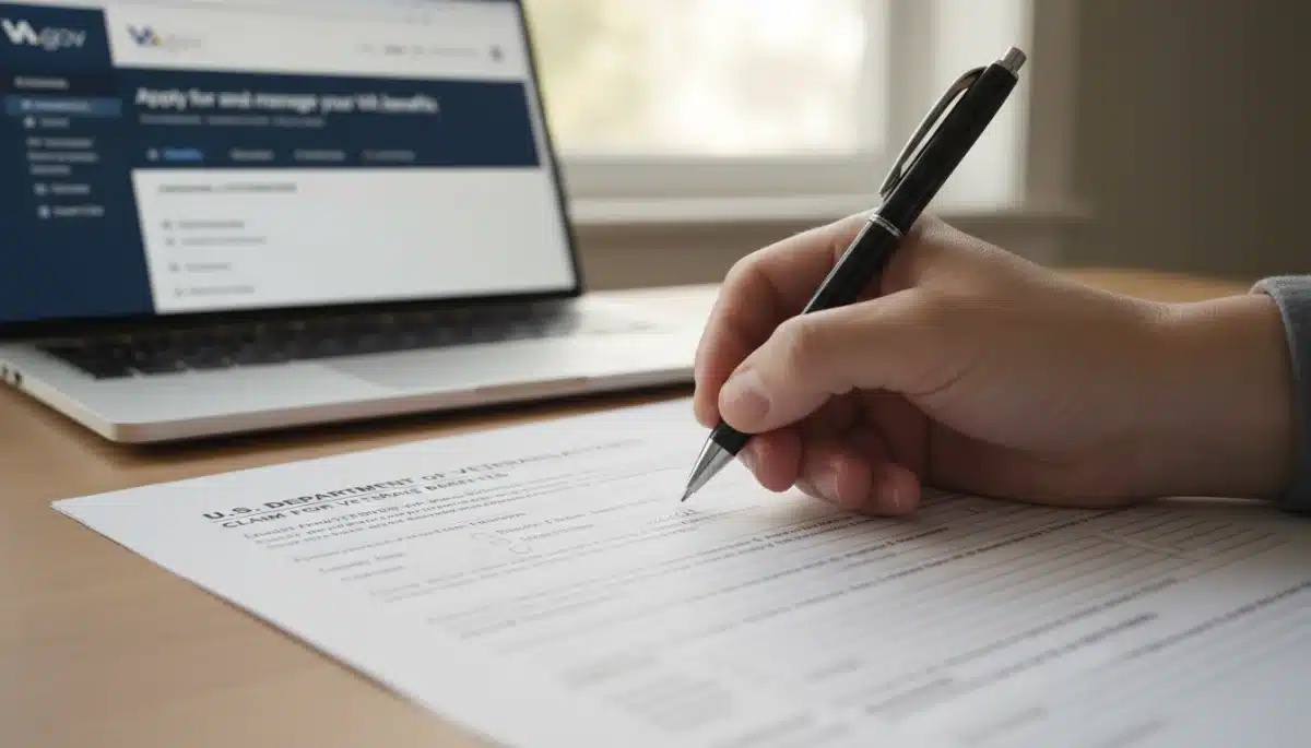 Hand completing a VA benefits application form