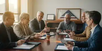 Diverse group of veterans discussing benefits documents